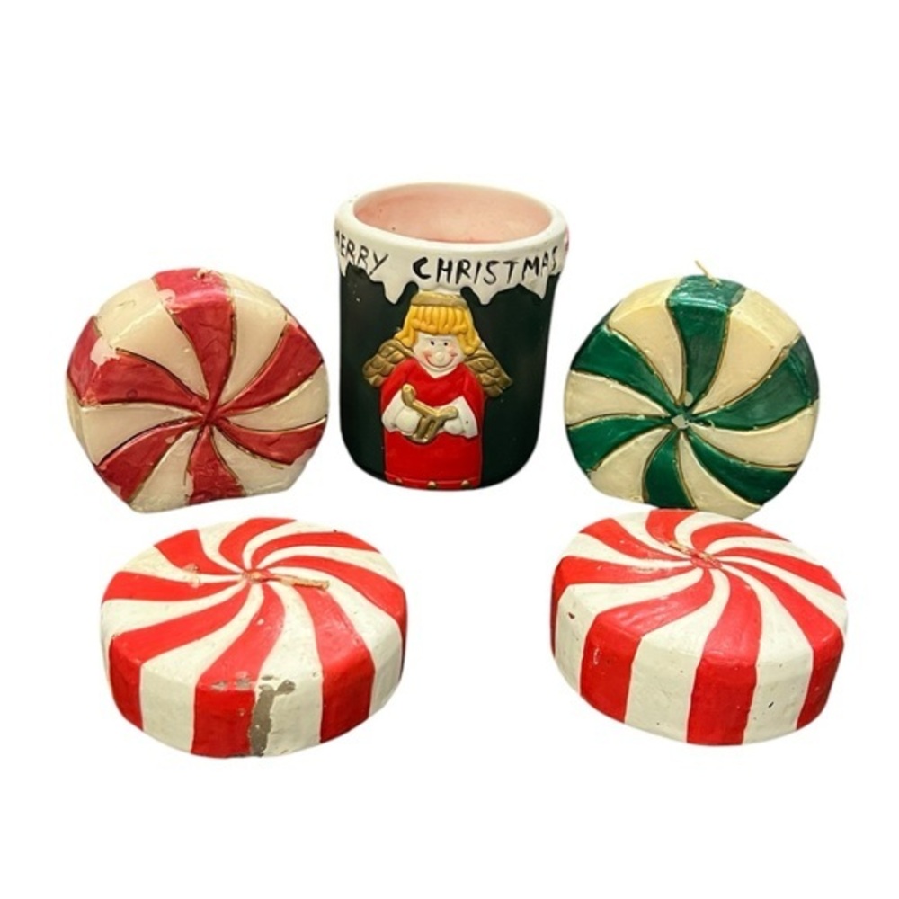 Vintage Candle Set Of 5 Peppermint Candy 2 Standing 2 Floating Ceramic Christmas
